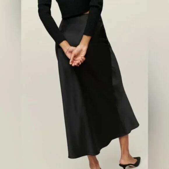 NEW Reformation Layla Silk Midi Skirt Elastic Waist in Black | US 4 UK 8 - Picture 4 of 10